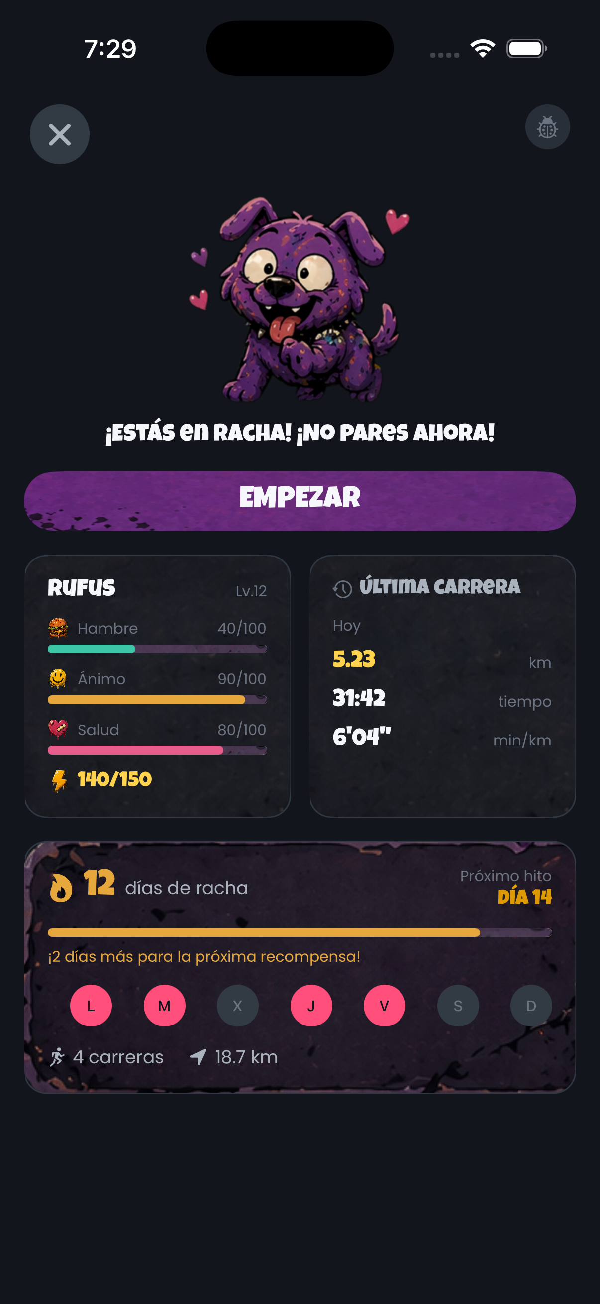 Pantalla de la app